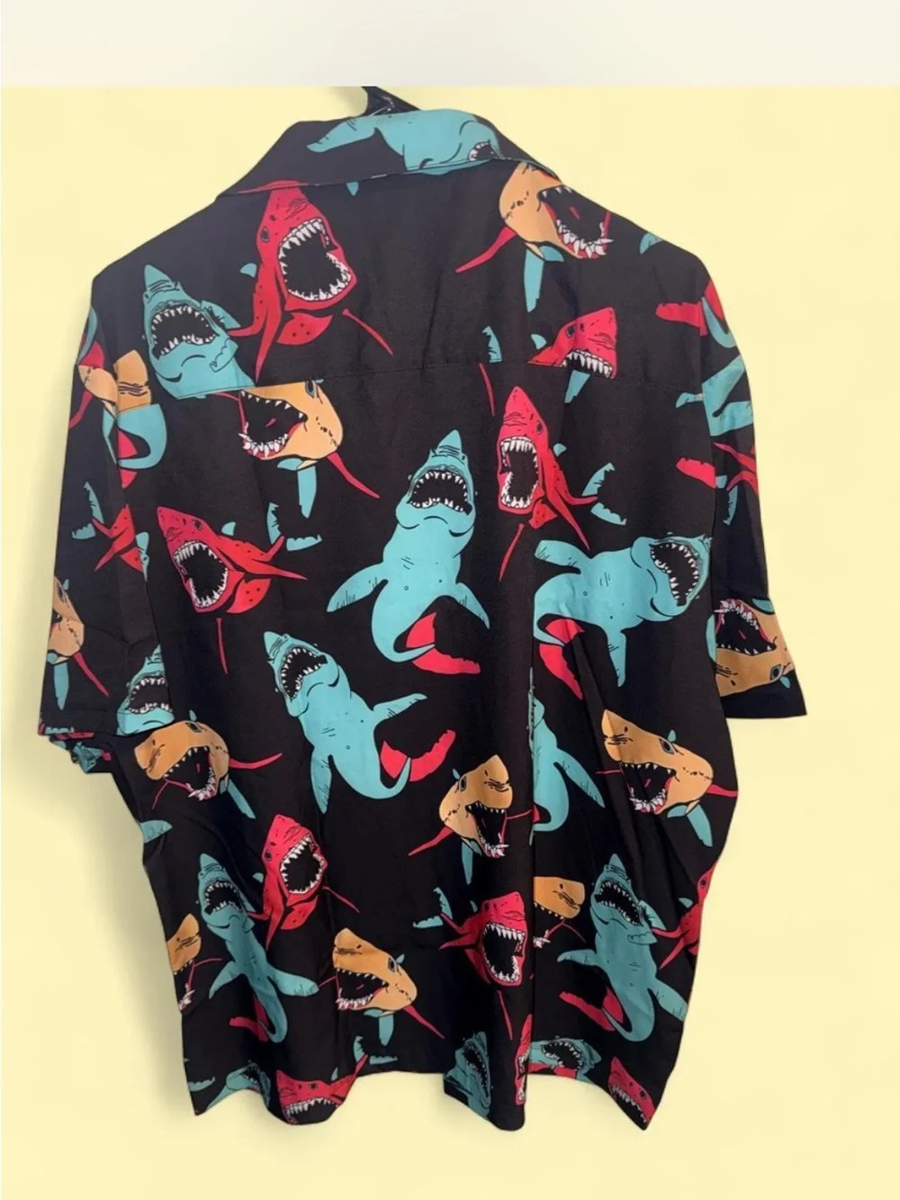 Black Short-Sleeve Shark Print Button-Down Shirt for Fishing!
